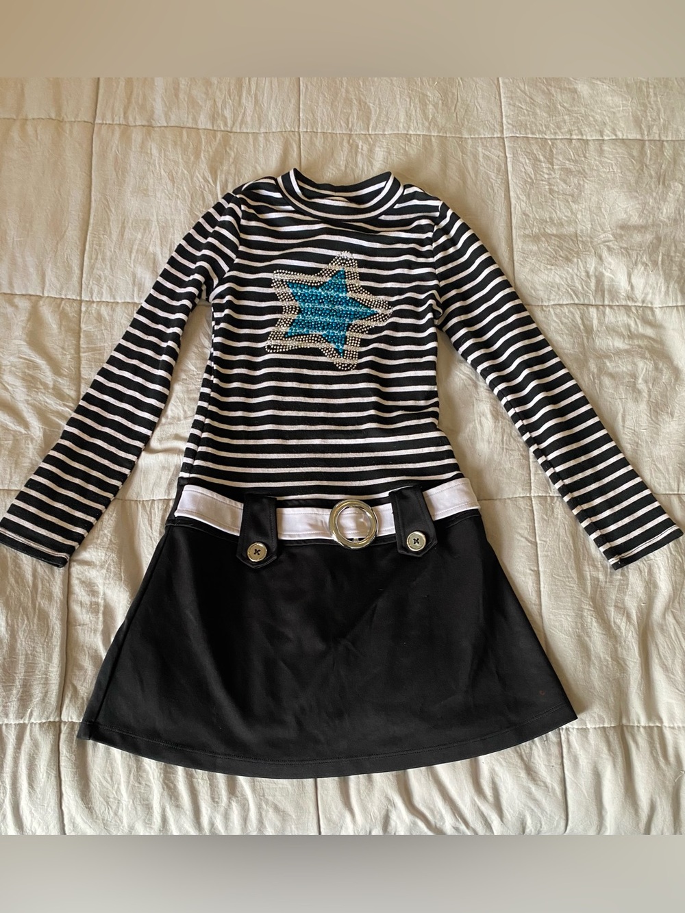 Piper Black & White Striped Dress with Blue Sequin Star